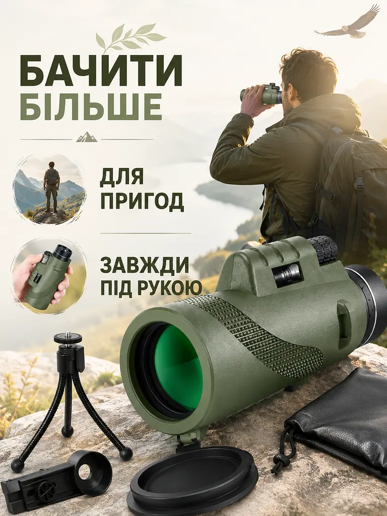 Монокуляр 40x60 з чохлом і мініштативом оливковий (49676057) - фото 7
