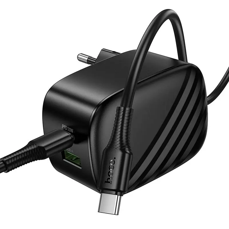 СЗУ Hoco CS101A Folding PD20W+QC3.0 (1USB-A/1C) + кабель Type-C to Type-C Black - фото 5