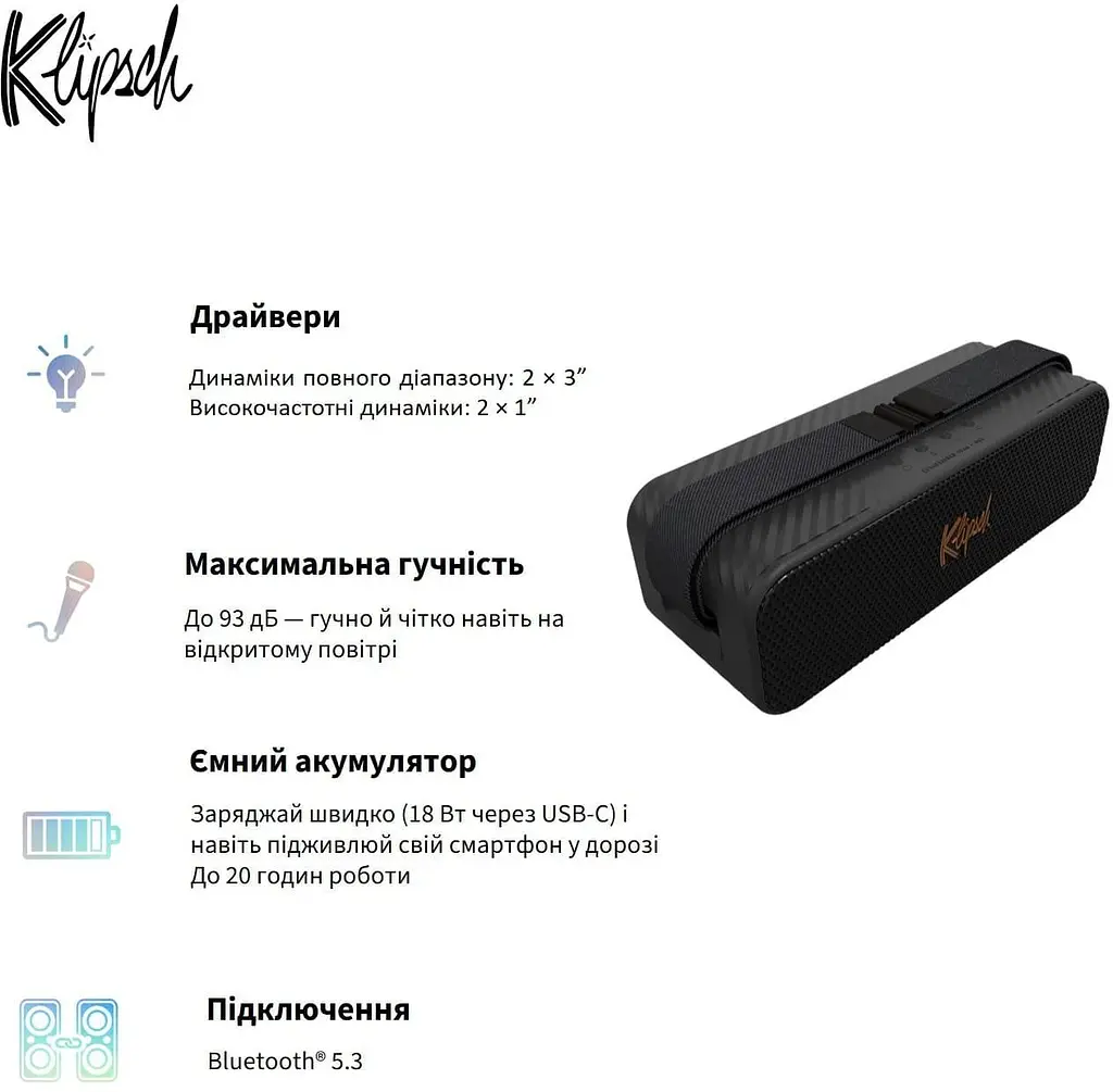 Портативна акустика Klipsch Portable Speaker Detroit Black (1072202) - фото 10