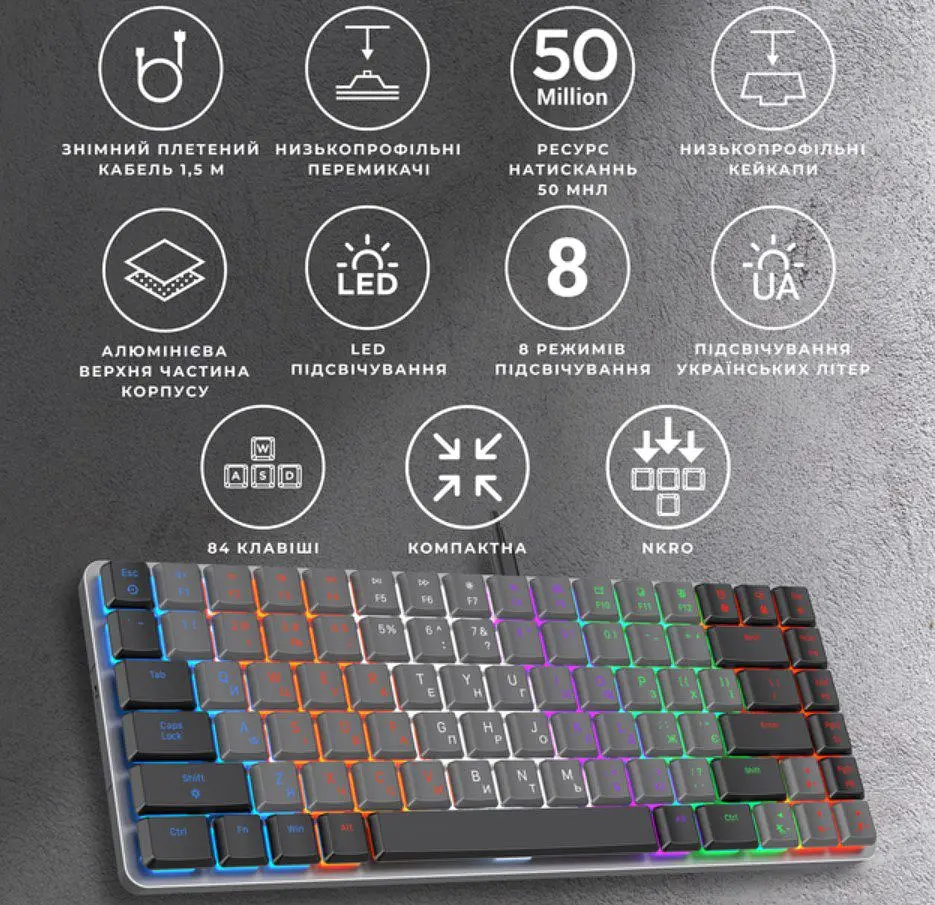 Клавіатура ігрова механічна GamePro MK-140R USB Red Swich Low Profile Dark Gray - фото 4
