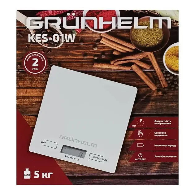 Кухонные настольные электронные весы Grunhelm KES-01W с сенсорным управлением до 5кг LCD-дисплей Белый - фото 2