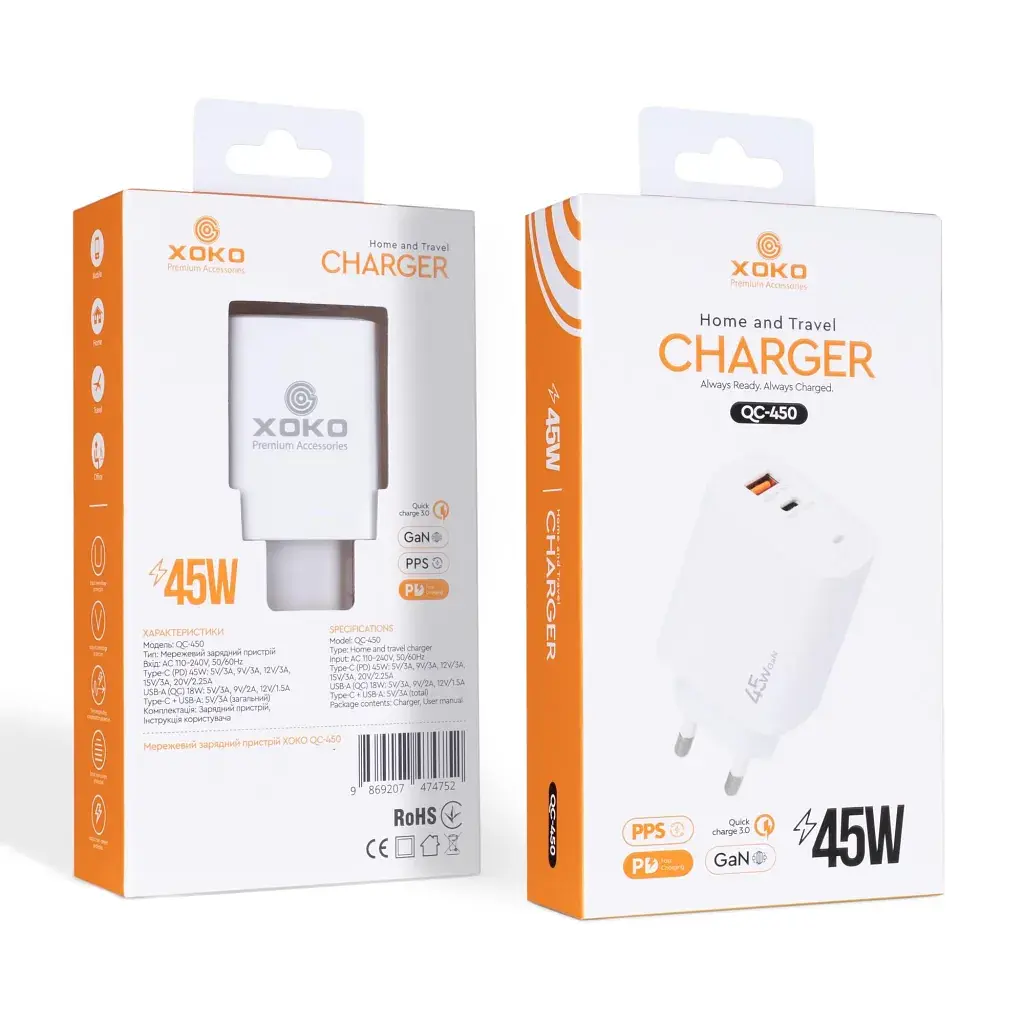 Зарядний пристрій XoKo 1xUSB-C PD45W + 1xUSB QC3.0 GaN white (XK-QC-450) - фото 9