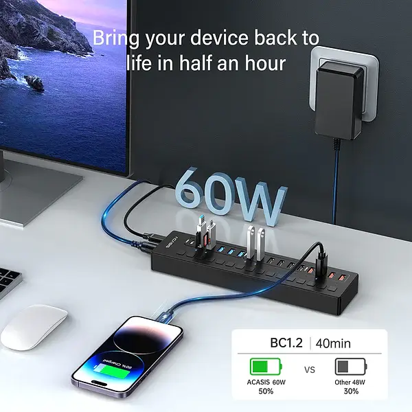 Розумний USB hub Acasis DS-516PB на 16 портів USB-C/USB 5 Гбіт/с розгалужувач з живленням від мережі (Чорний) - фото 4