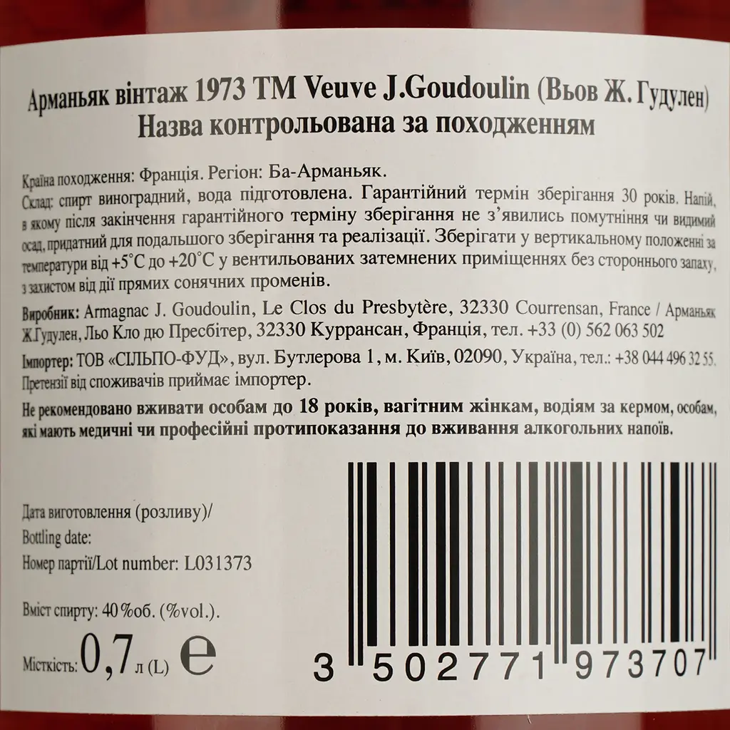 Арманьяк Veuve J. Goudoulin Bas Armagnac 1973 40% 0.7 л в подарочной коробке - фото 5