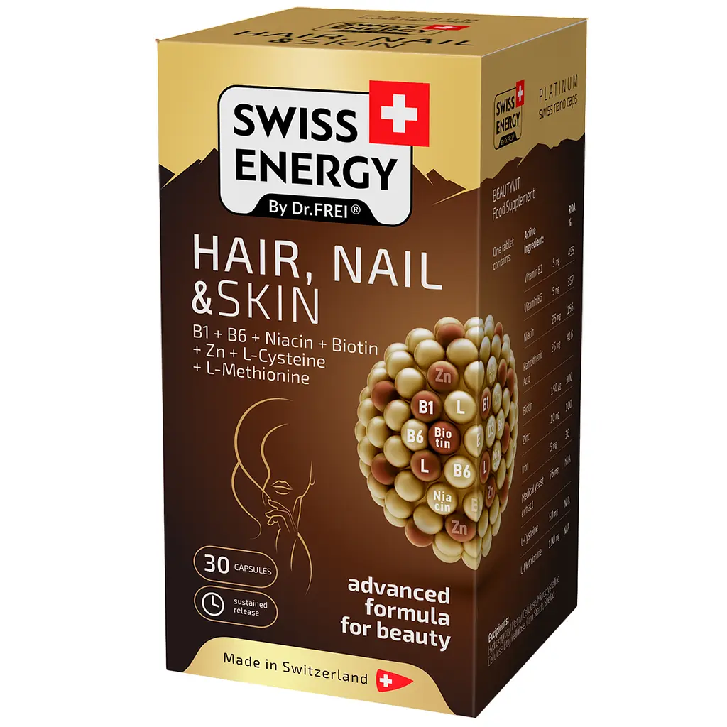 Здоров'я шкіри, волосся та нігтів Swiss Energy Hair, Nail & Skin B1+ B6+ Niacin+ Biotin+ Zn+ L-Cys+ L-Met 30 капсул - фото 2