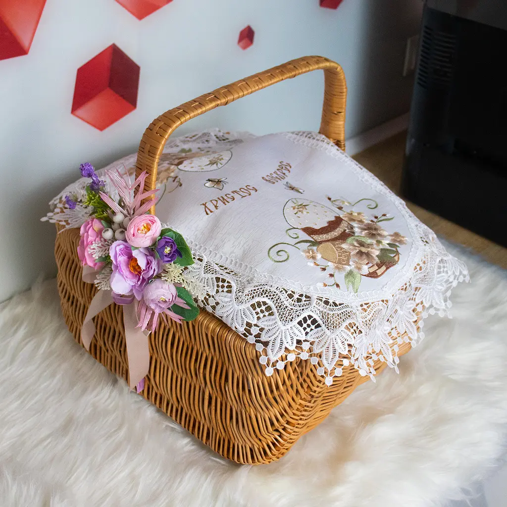 Вишита серветка на пасхальний кошик з ажурним мереживом 40х60 см №31, Kitchen Master Білий 86074 - фото 4