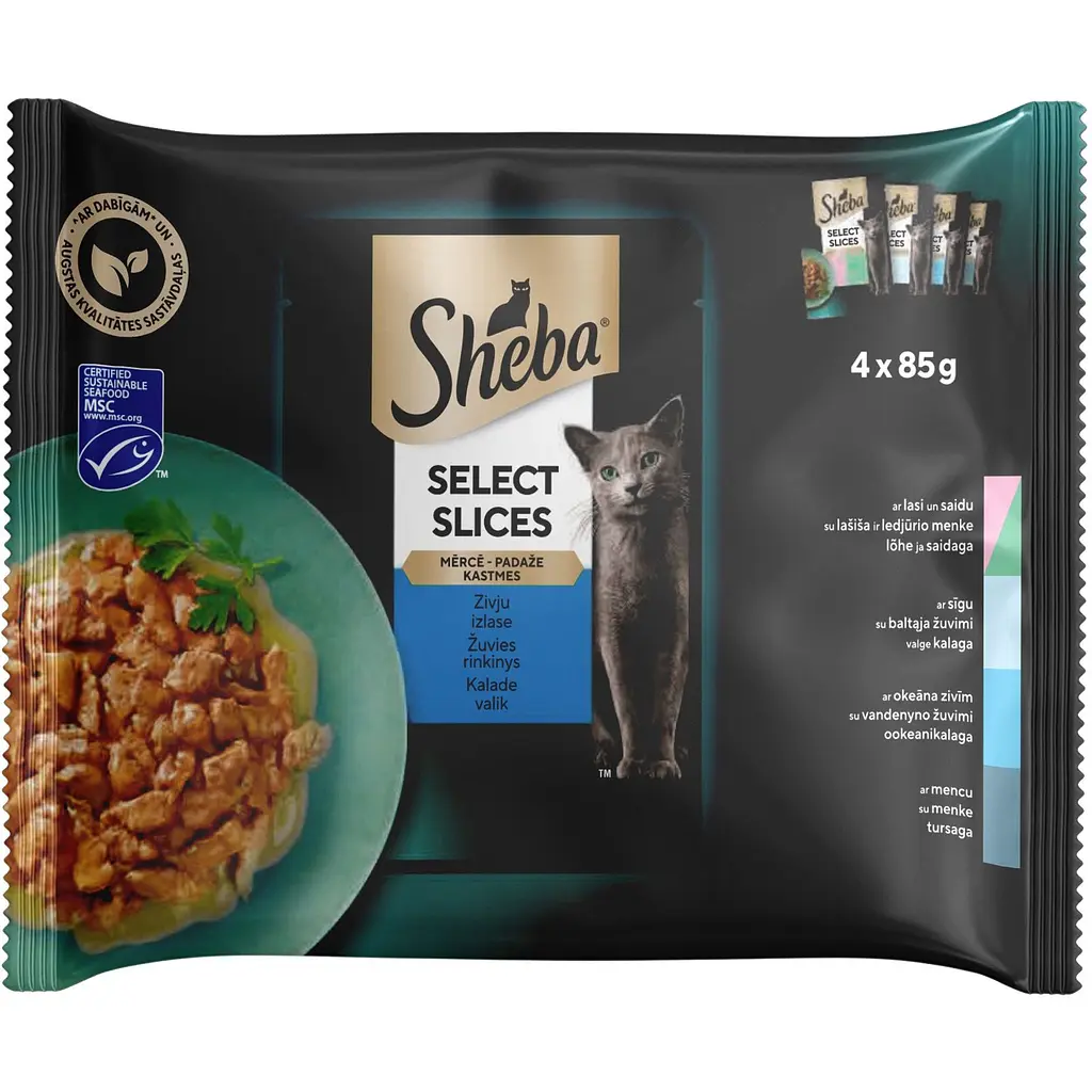 Набір корм для котів Sheba Select Slices рибне асорті в соусі 4 шт. x 85 г - фото 1