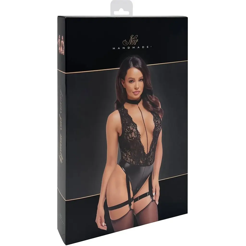 Боді Noir Handmade F297 Libido Deep-V Bodysuit With collar, pearl chain and garter - S - фото 6