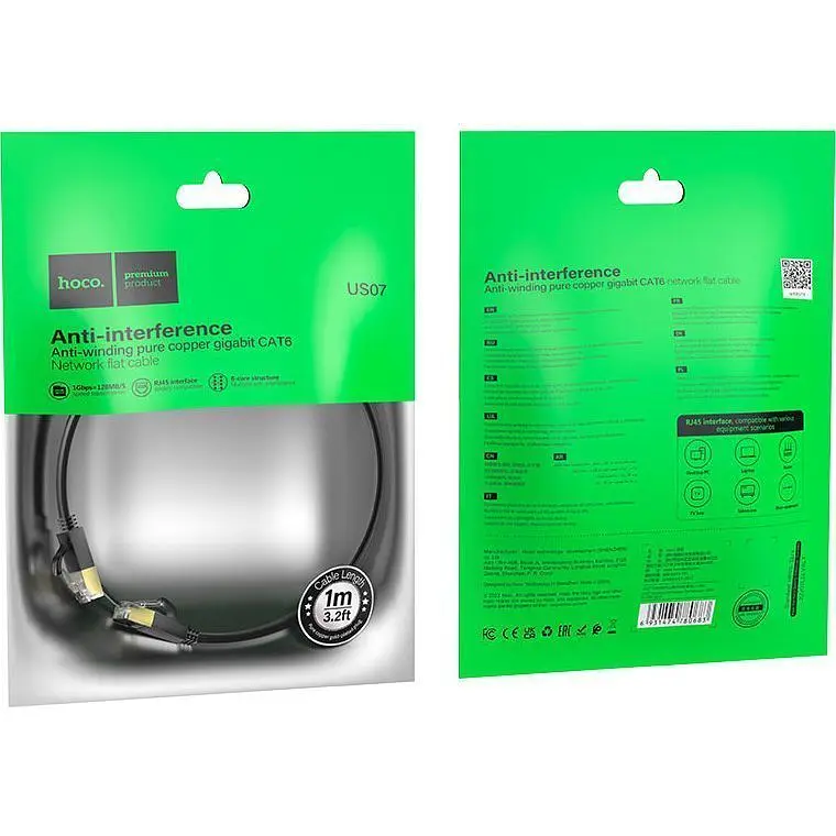 Патч-корд Hoco US07 General Cat 6 U/UTP Pure Copper Flat Network Cable 1m Black (780683) [149269] - фото 6