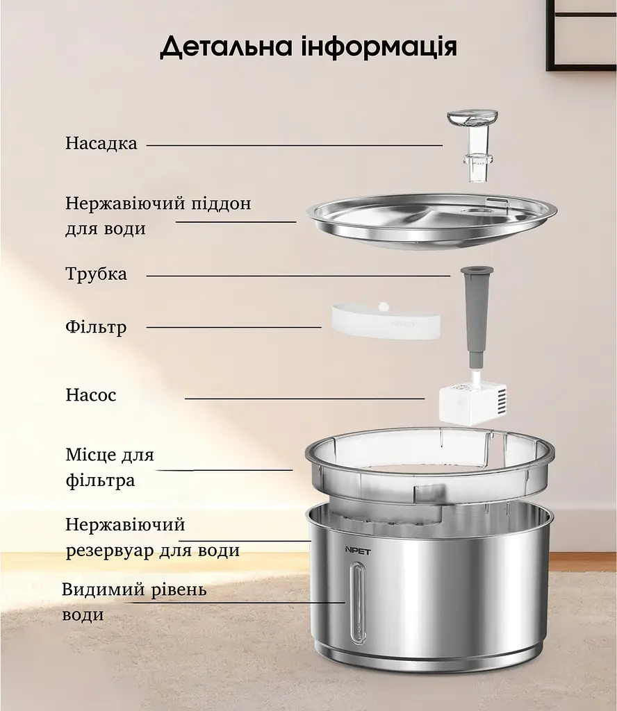 Фонтан для кота NPET WF210 Plus 4 л з нержавіючої сталі з підсвіткою - фото 3