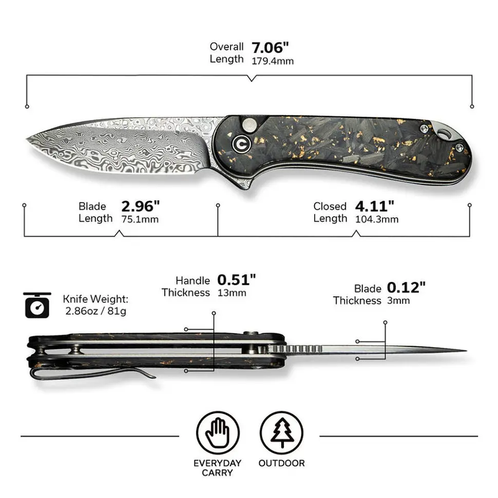 Ніж складаний кишеньковий Civivi Elementum II, (7.5 см) Damascus/карбоновий Fiber & Resin - фото 9