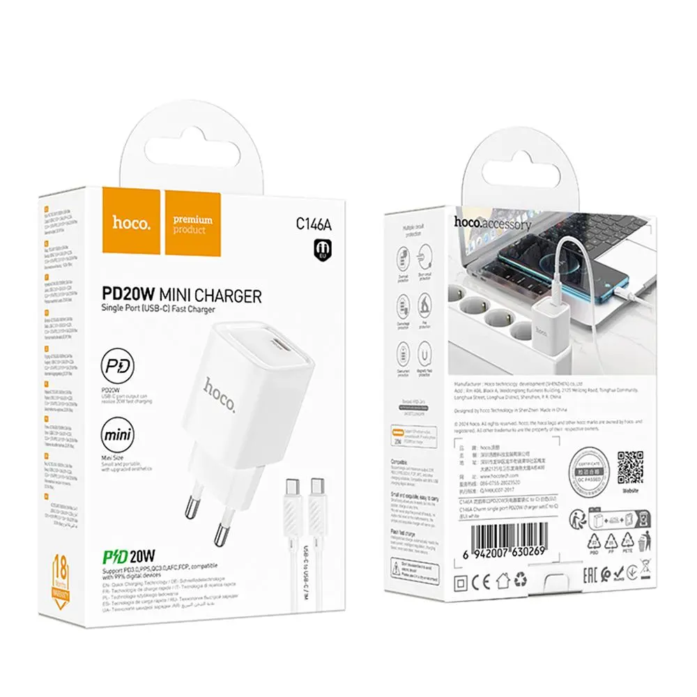 Зарядний комплект Hoco C146A Mini Charger 1USB-C PD/QC 20W 5V/3A Type-C to Type-C White (35279_3345665) - фото 2