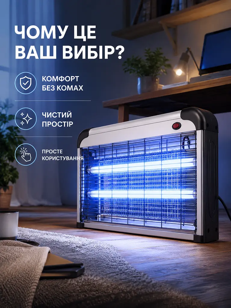 Електричний знищувач комах 60 Вт із 2 УФ-лампами до 70 м² від комарів мух і мошок, сріблясто-чорний (49676110) - фото 6