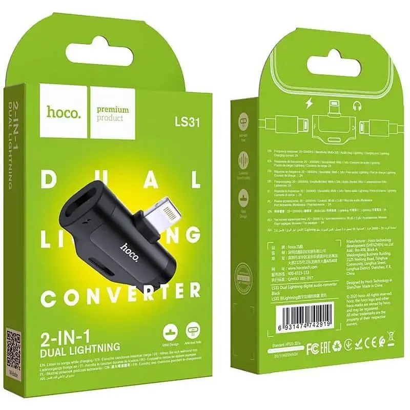 Перехідник розгалужувач аудіо Hoco Dual Lightning digital audio converter LS31 чорний адаптер - фото 7