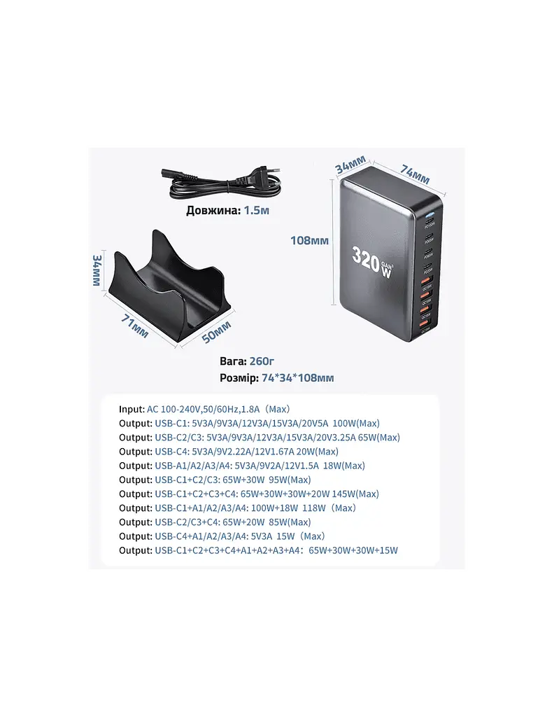 Зарядный адаптер блока питания Essager 320 W GaN YMX-320 4U+4C (8 выходов) - фото 10