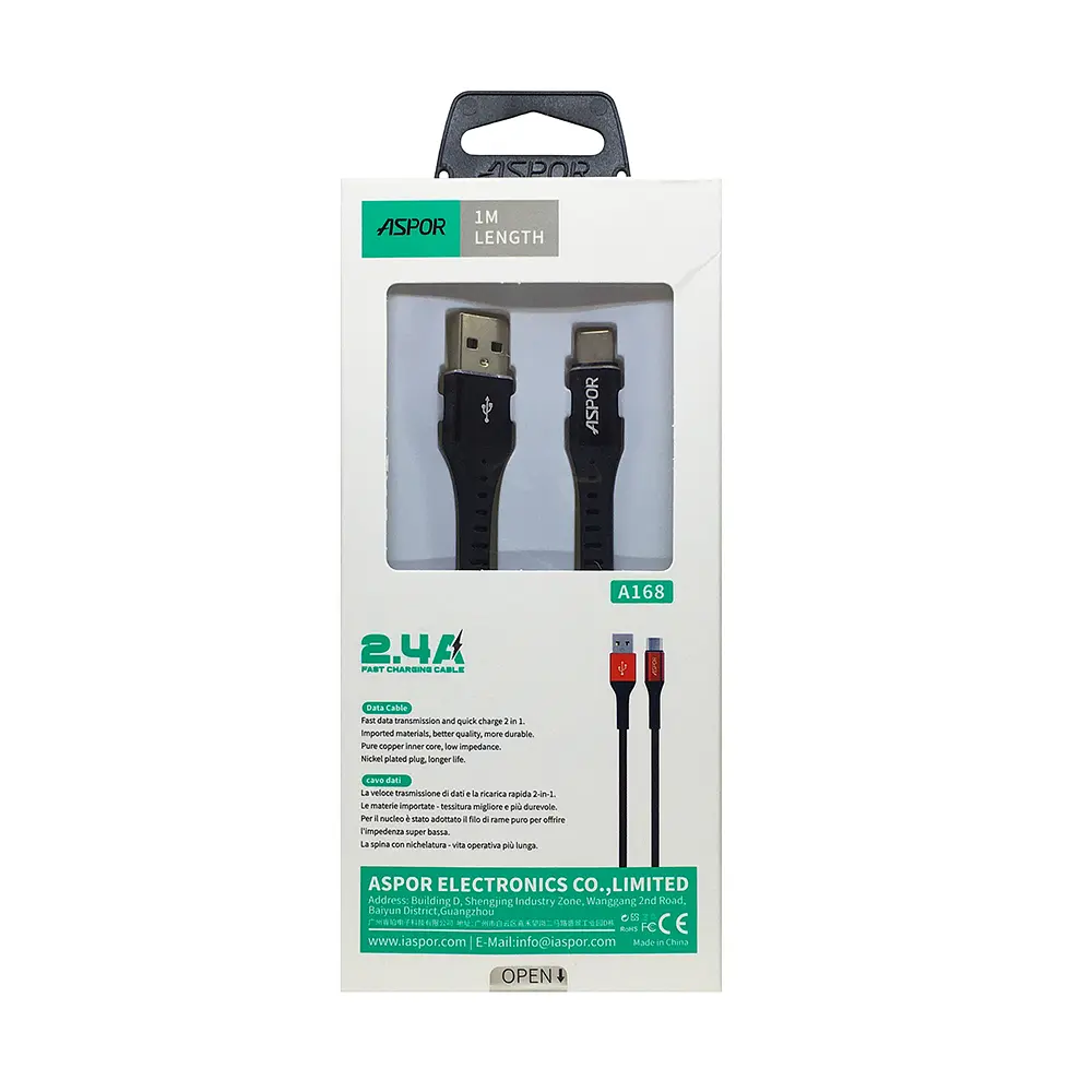 Кабель Aspor A168 USB – Type-C 2.4A/1м- чорний - фото 2