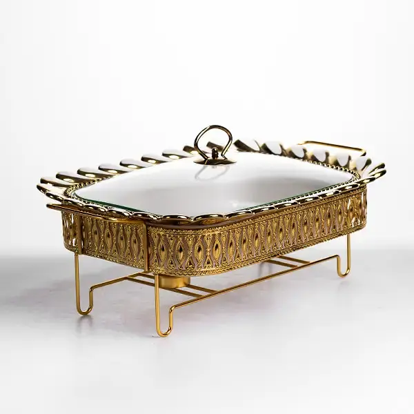 Мармитница фарфоровая Yiwu Tiffany 2 л квадратная со стеклянной крышкой на металлической подставке 38х30х7 см с подогревом для первых блюд SX42-3 - фото 7