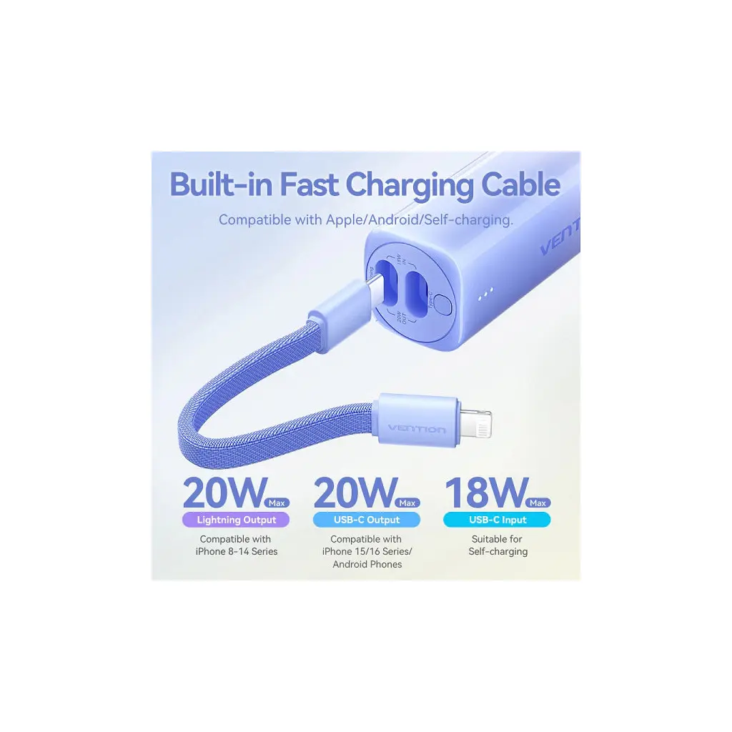 Батарея універсальна VENTION 5000mAh 20W PD, USB-C In/Out, Lightning In/Out, with cable, Gradient Red (FHWR0) - фото 4