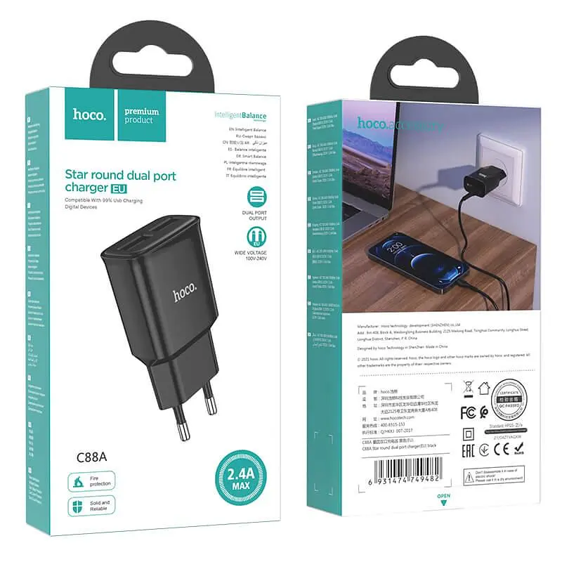 Адаптер мережевий HOCO Star round dual Port charger C88A |2USB, 2.4A| - фото 3