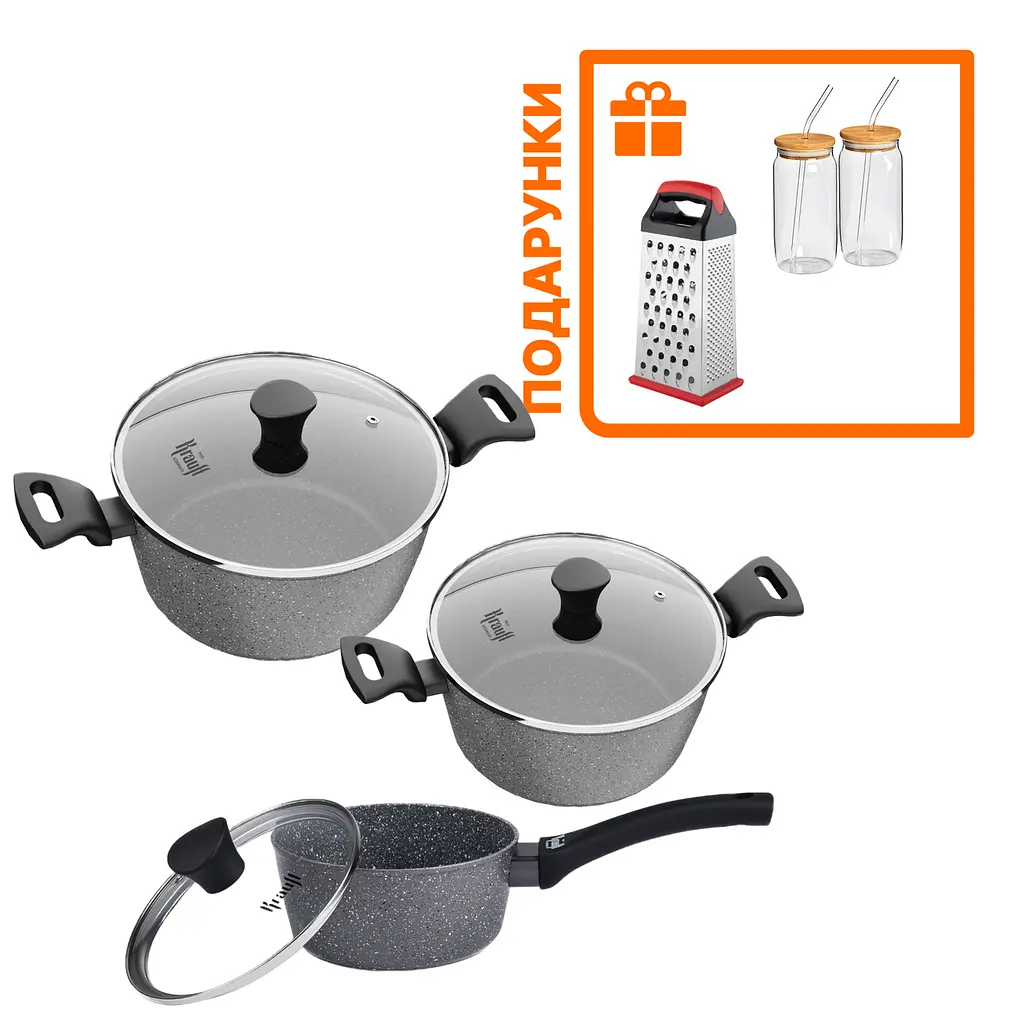 Набір каструль з ківшем 6,4л, 4,2л, 1,1 л Fry Power Krauff + Скляні склянки та терка прямокутна - фото 8