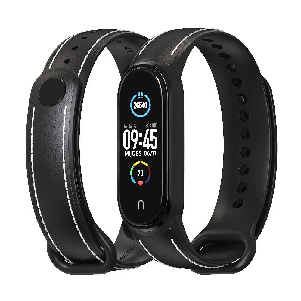 Ремінець для Xiaomi Mi Band 5/6 силікон + шкіра MiJobs Чорний (1540701) - фото 2