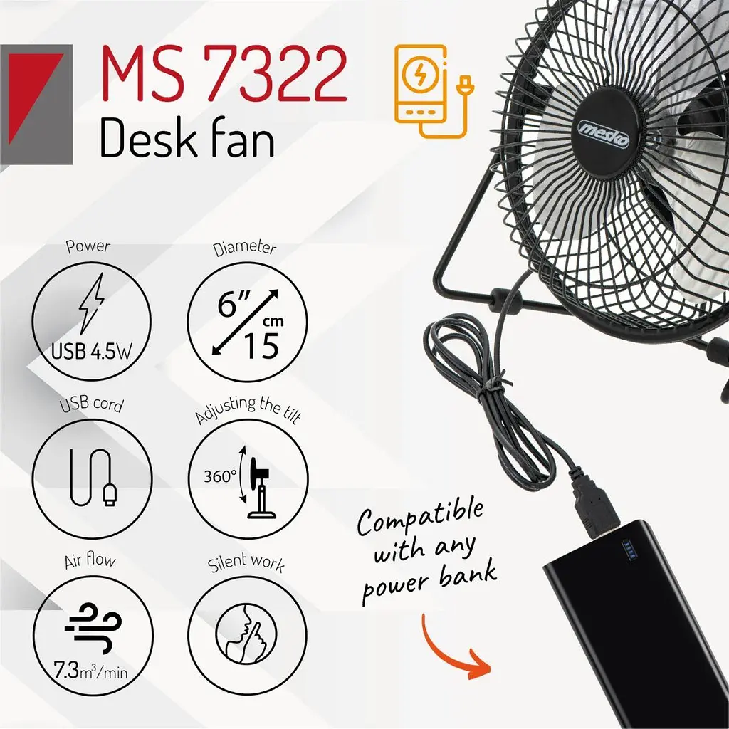 Вентилятор Mesko MS 7322 настільний/ USB/ 4,5Вт/ D=15см/ чорний (MS7322) - фото 9