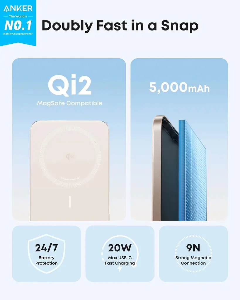 Магнитный ультратонкий павербанк Anker A1665 5000 мАч 20 Вт с беспроводной зарядкой MagSafe для iPhone розовый - фото 3