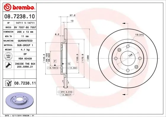Диск гальмівний передній невентильований Citroen Berlingo, C3 I-II 96-25р Brembo (08.7238.11) - фото 2