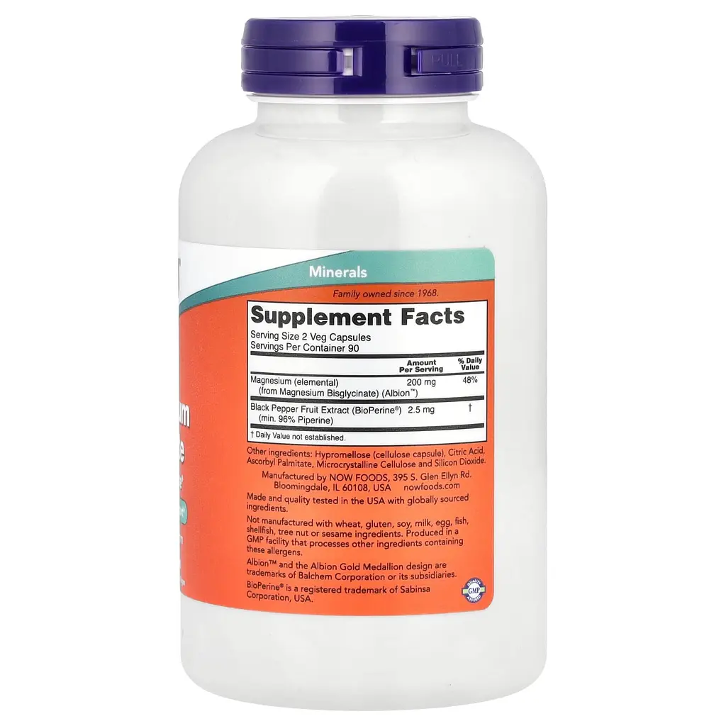 Бісгліцинат магнію NOW Magnesium Glycinate with BioPerine, 180 вегакапсул - фото 2