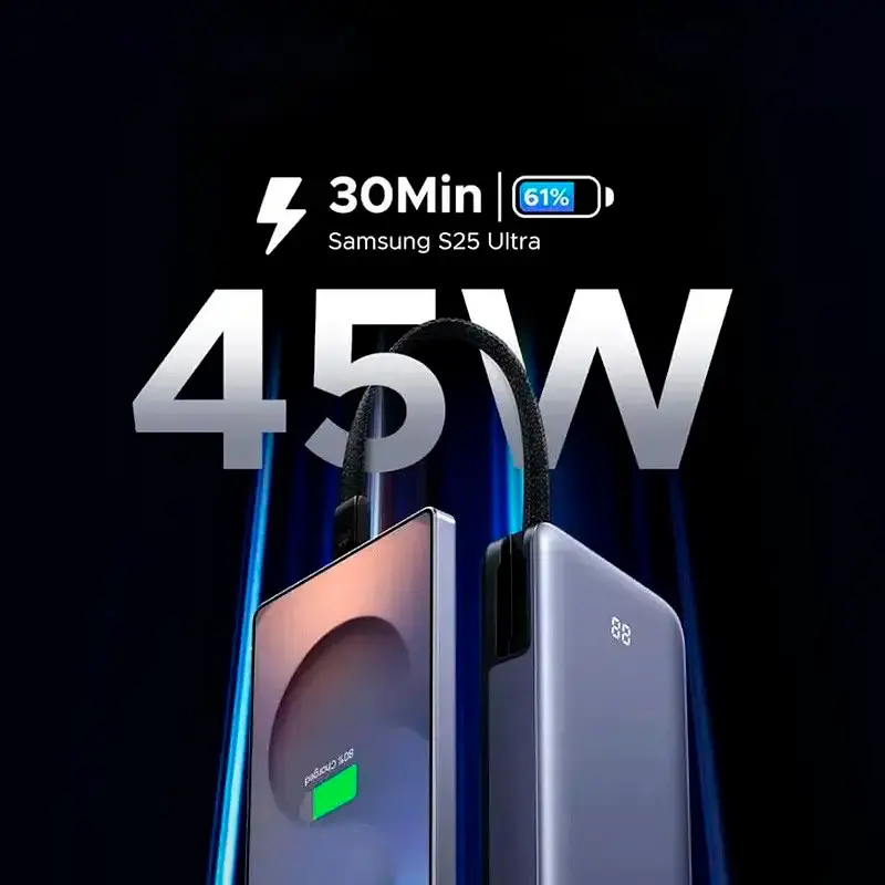 Power Bank Ugreen PB536 20000mah 45W Built-In USB-C Cable LED (55988B) Gray UA - фото 4