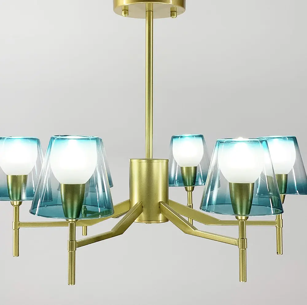 Потолочная люстра в золотом каркасе с бирюзовыми плафонами Line.F Количество ламп 6 - фото 6