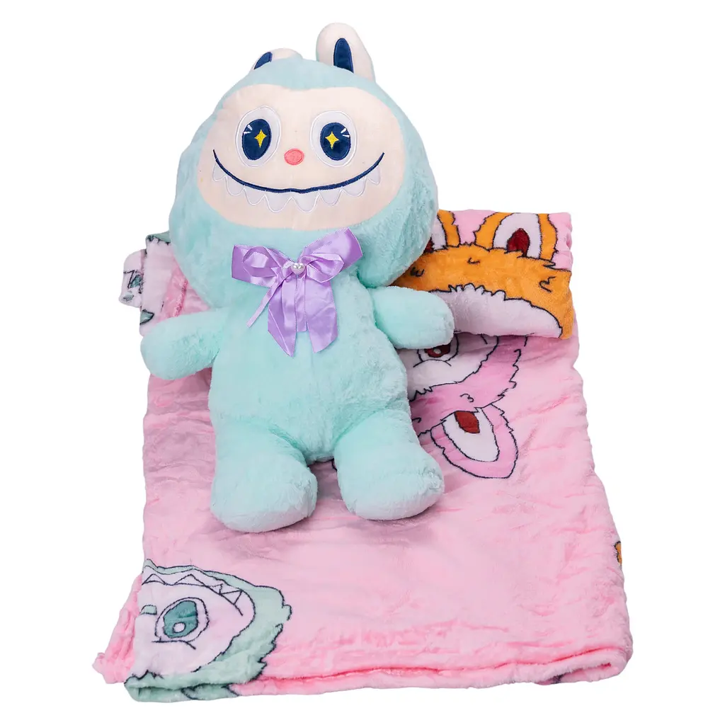 Детская игрушка Labubu с пледом 54 см плюшевая 3 в 1 подушка-объятия Мятный Colorful Home LAB3M - фото 2