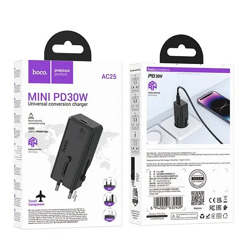 Мережевий зарядний пристрій Hoco AC25 Mini single port PD30W universal travel charger чорний - фото 4