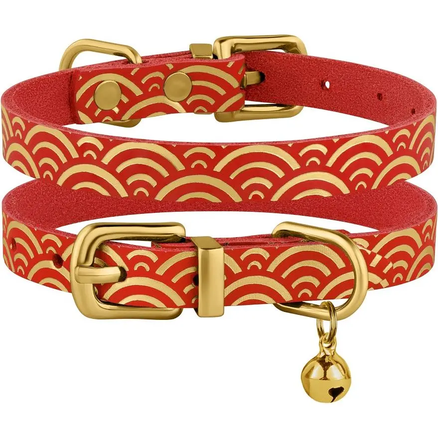 Ошейник для кошек BronzeDog Barksi Classic Море кожаный одинарный с золотым тиснением 2XS 18-25х1 см красный - фото 3