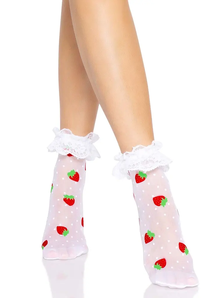 Шкарпетки жіночі з полуничним принтом Leg Avenue Strawberry ruffle top anklets One size, мереживні м - фото 2