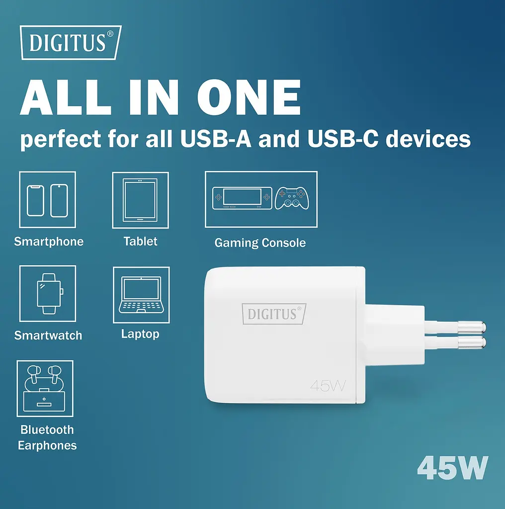 Digitus Зарядний пристрій GaN 1хUSB-C, 1хUSB-A, 45W - фото 5