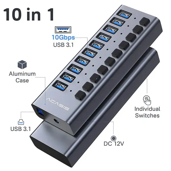 USB-хаб Acasis HS-710MG 10Gbps на 10 портів USB 3.1 з окремими перемикачами (Сірий) - фото 5