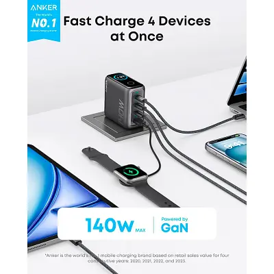 Зарядний пристрій Anker для ноутбука GaN 140 Вт 3xUSB-C PD 3.1 + USB-A + дисплей + кабель чорний (B2697GZ1) - фото 9