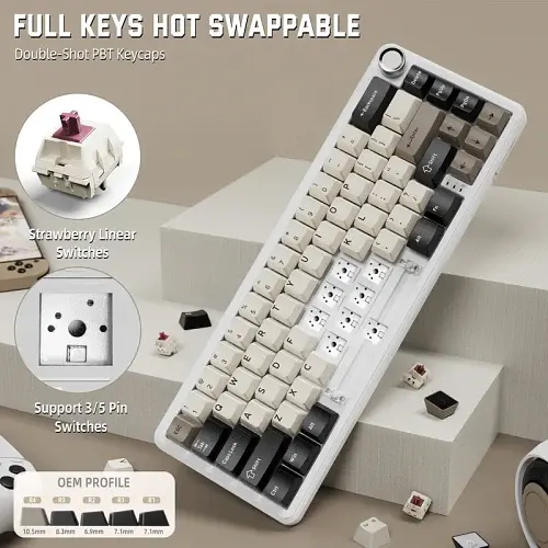 Клавіатура бездротова Attack Shark X66, White Cheese, Bluetooth 5.0 / 2.4GHz USB / Type-C, механічна (перемикачі Linear Strawberry), RGB підсвічування, 66 кнопок, акумулятор 3000 mAh, EN/UA - фото 6