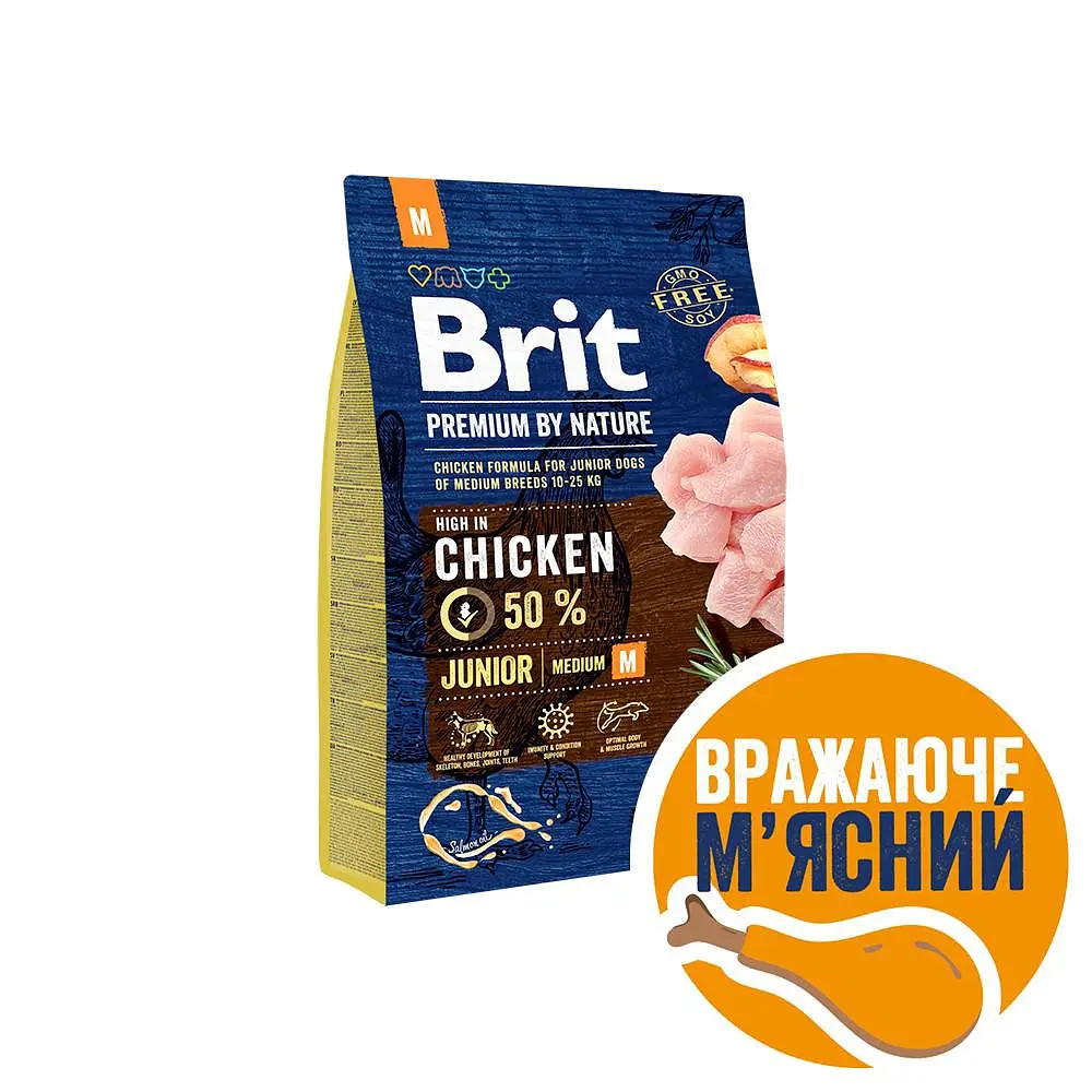 Сухий корм Brit Premium Dog Junior M для цуценят і юніорів середніх порід, з куркою, 3 кг (170813/526321)