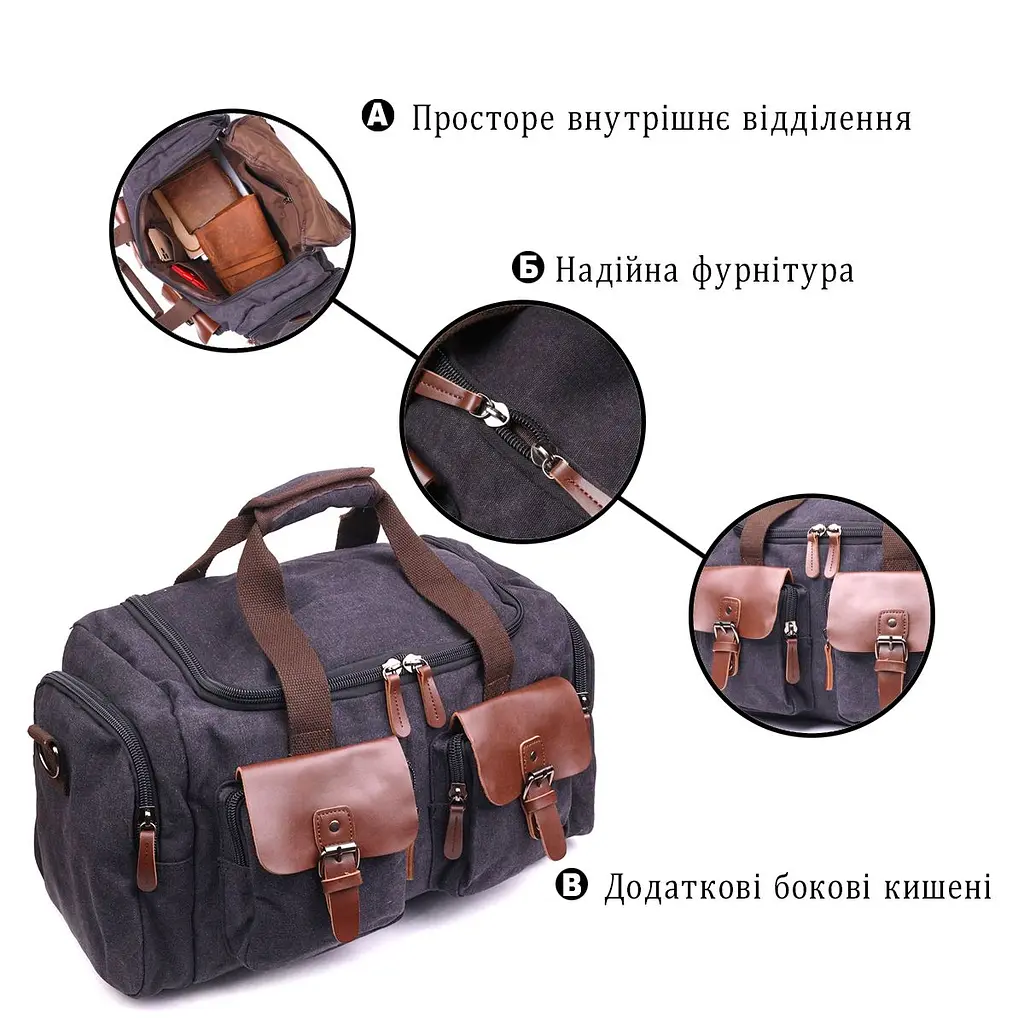 Велика дорожня сумка текстильна 21237 Vintage чорна - фото 8