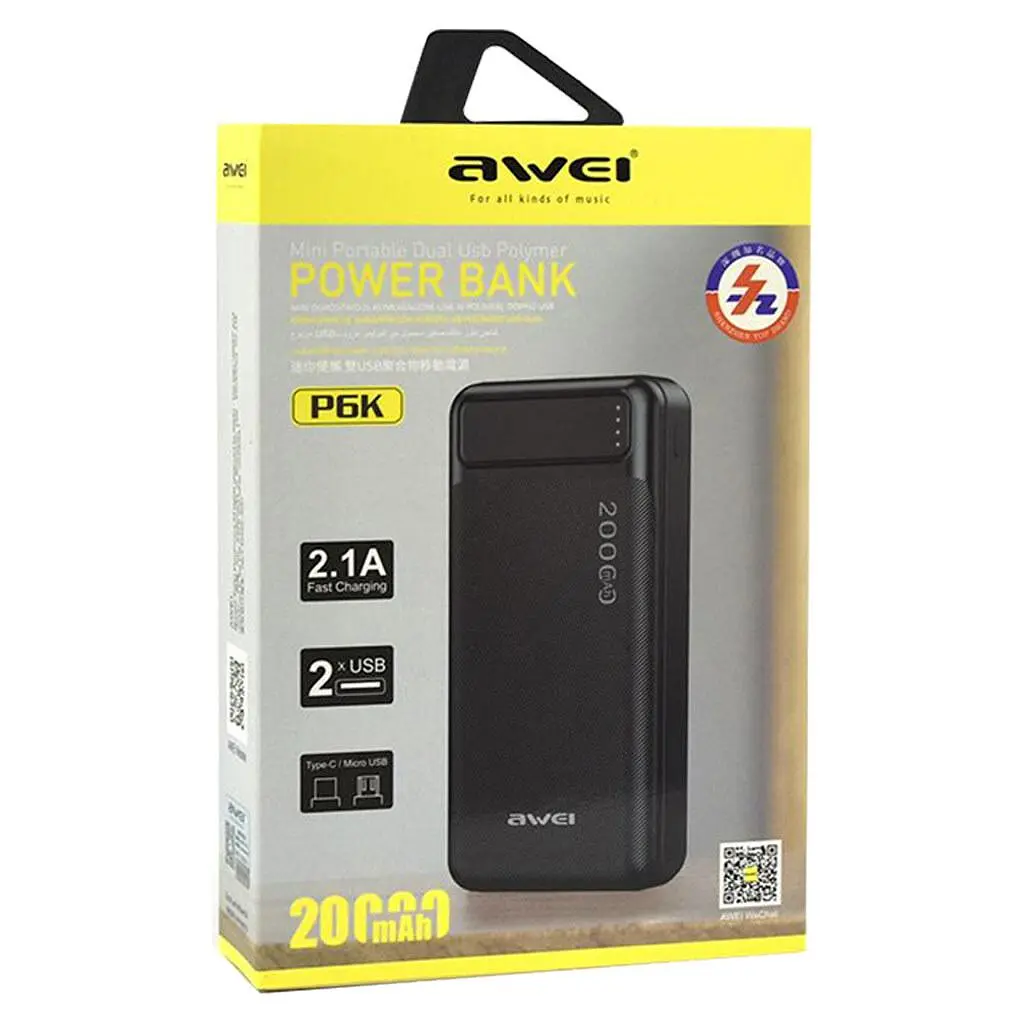 Додаткова акумуляторна батарея - портативний акумулятор Awei P6K 20000 mAh (2.1) чорний - фото 3