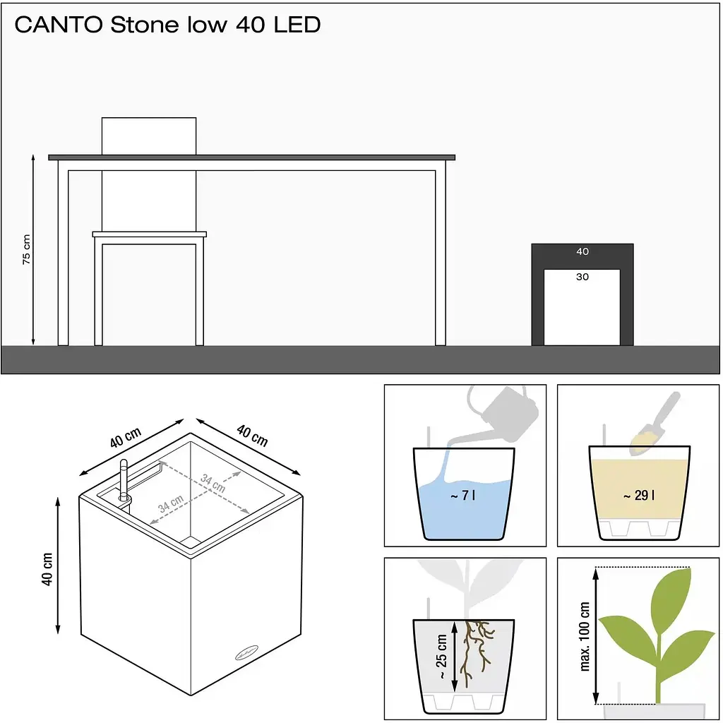 Вазон Lechuza Canto Stone 40 low LED графітово-чорний (13692) - фото 3