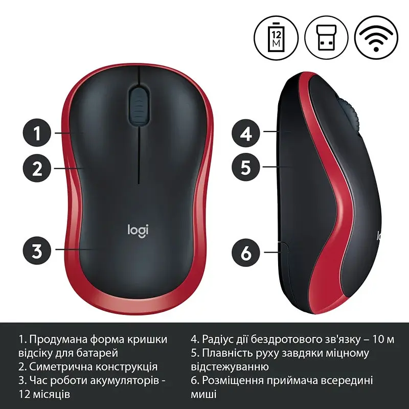 Миша Logitech Wireless Mouse M185 EWR2 (910-002237) (Червона) 910-002237 - фото 7
