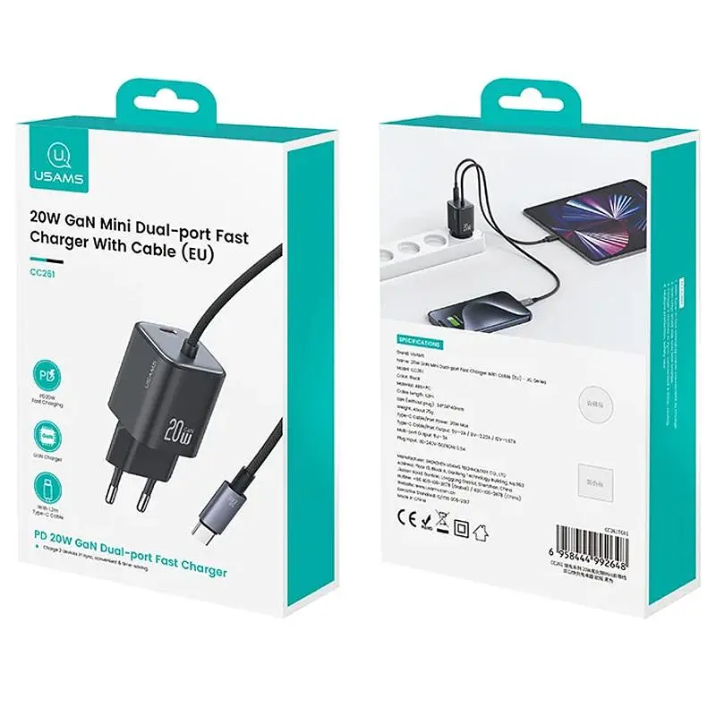 СЗУ Usams US-CC261 GaN JC Ser. 20W (2USB-C) + кабель Type-C to Type-C Black - фото 4