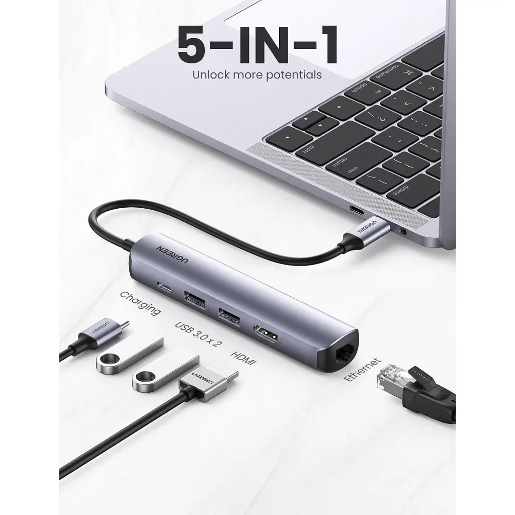 Концентратор Ugreen USB3.0 Type-C to HDMI 4K30Hz/USB 3.0x2/RJ45/PD CM418 (10919) - фото 2