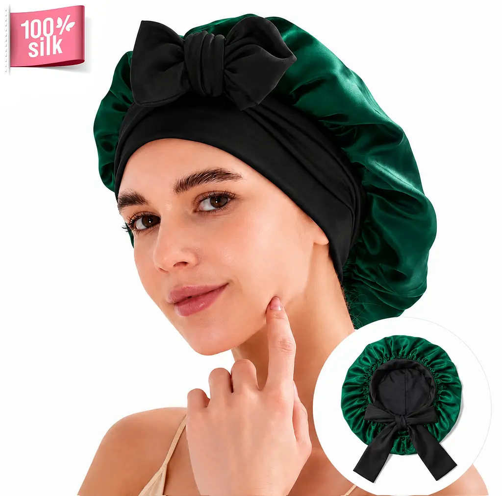 Двошарова шовкова жіноча шапка для сну великого розміру MaryuPHair 100% шовк мульбері з регульованою гумкою та бантом (зелено-чорний)