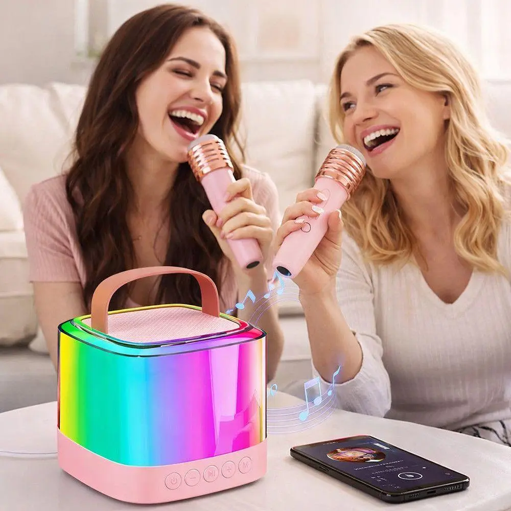 Портативна колонка-караоке + 2 мікрофони, Bluetooth, USB, TF, AUX, T7, Рожевий / Бездротова колонка / Bluetooth-колонка - фото 4