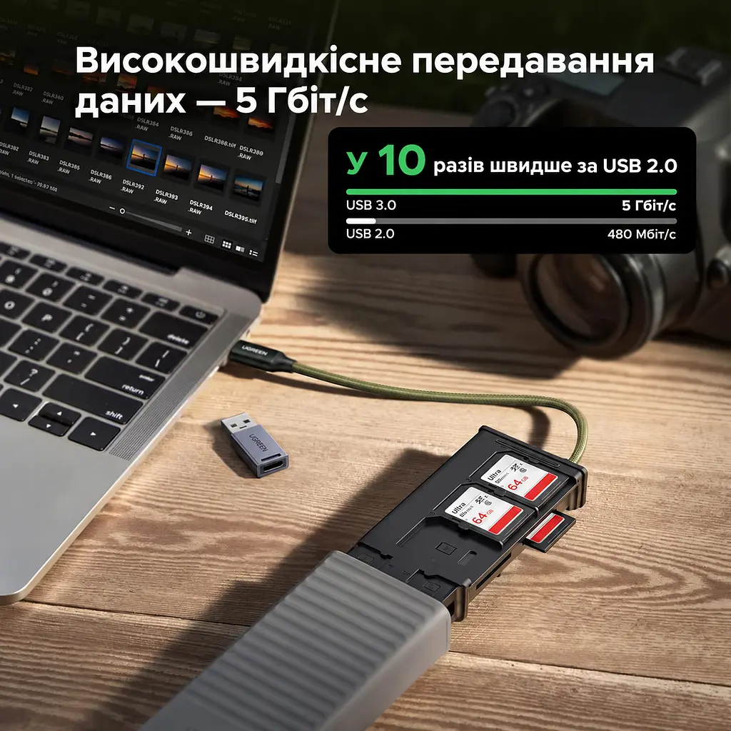 Картридер-кейс UGREEN CM856 підключення USB-C з комплектним перехідником на USB-A слоти для читання 2 × SD та microSD (TF) USB 3.0 до 5 Гбіт/с одночасне читання й запис SD1 + SD2 або SD1 + TF місця для зберігання 6 SD та 4 microSD підтримка карт до 4 ТБ Windows macOS Linux без встановлення драйверів зсувна кришка вбудований кабель 15 см сірий із чорним внутрішнім лотком (55899) - фото 5