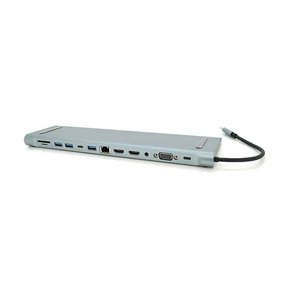 Хаб-конвертор Voltronic 12 в 1 Type-C (тато) на Type-C(мама)+2*USB2.0(мама)+USB3.0(мама)+2*HDMI(мама)+VGA(мама)+SD/TF+RJ45+ jack3.5 (мама)+PD, 10cm, Silver, Box - фото 2